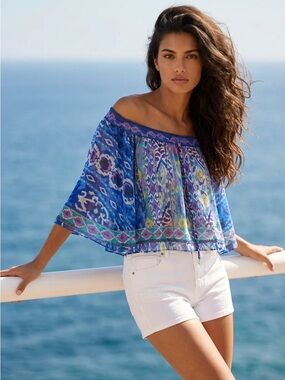 Blue Off-Shoulder Printed Peasant  See-through Bolero/Coverup